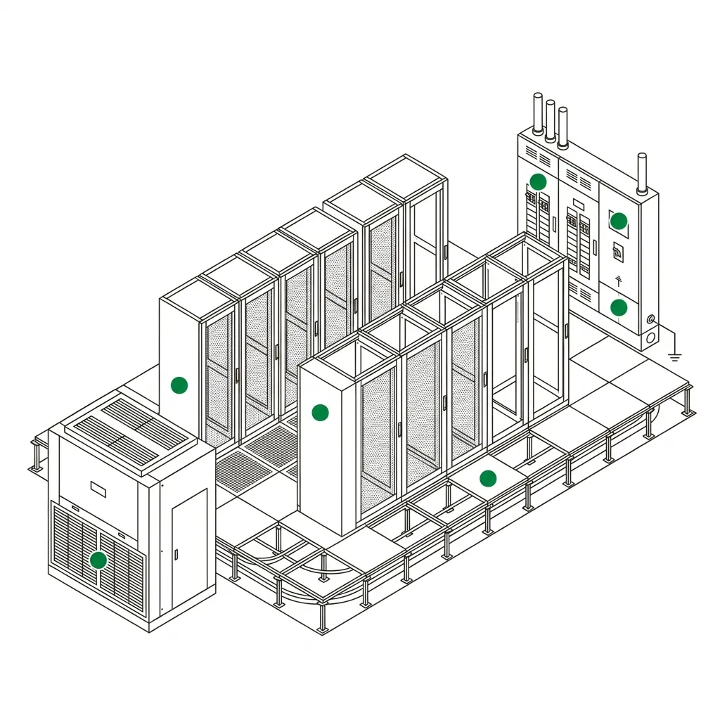 Vista isométrica de uma sala de pequeno porte: duas fileiras de racks sobre piso elevado, unidade de climatização de um lado e quadro elétrico do outro, com marcadores indicando os pontos avaliados em cada subsistema.